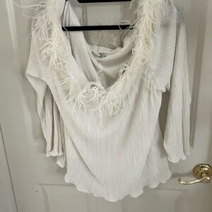 Chic Feather-Trimmed White Blouse